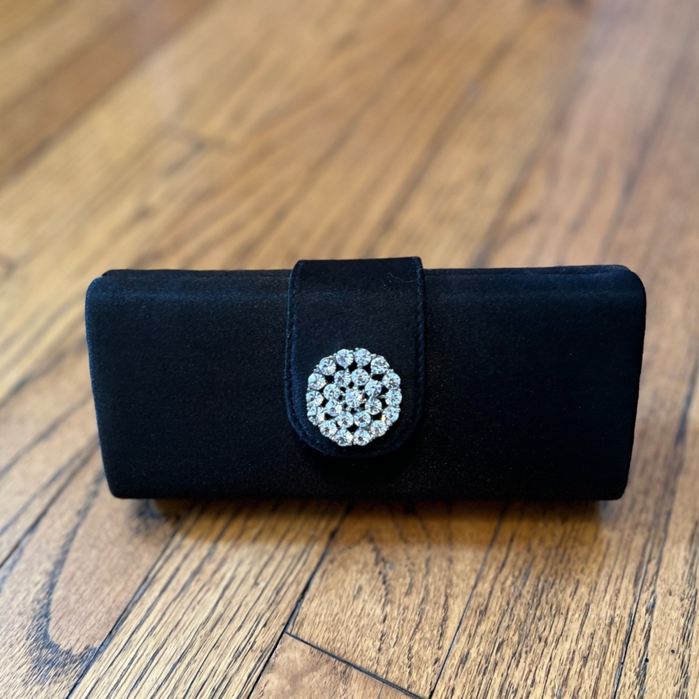 Jeweled black satin evening clutch shoulder bag